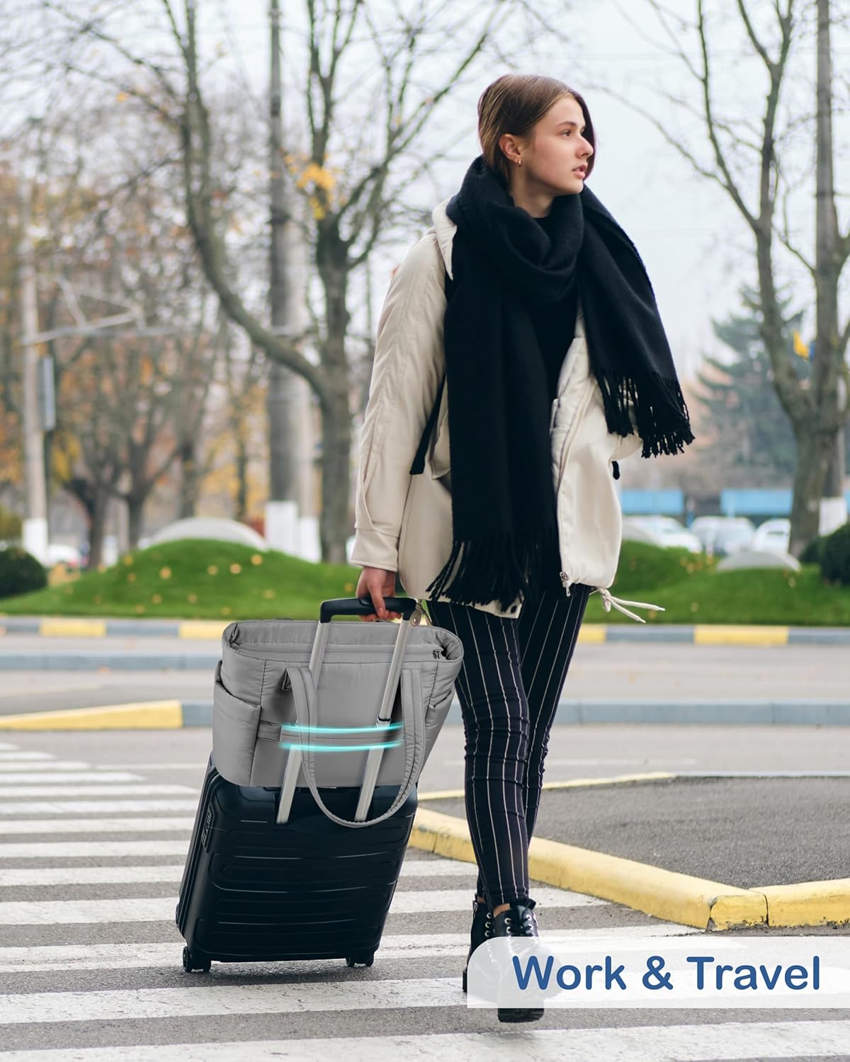 Puffy Tote Bag for Women with Cup Holder & Laptop Compartment & Cosmetic Bag & Trolley Sleeve for Work, Travel