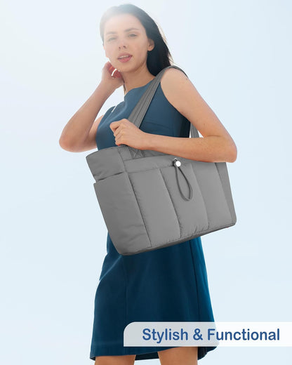 Puffy Tote Bag for Women with Cup Holder & Laptop Compartment & Cosmetic Bag & Trolley Sleeve for Work, Travel