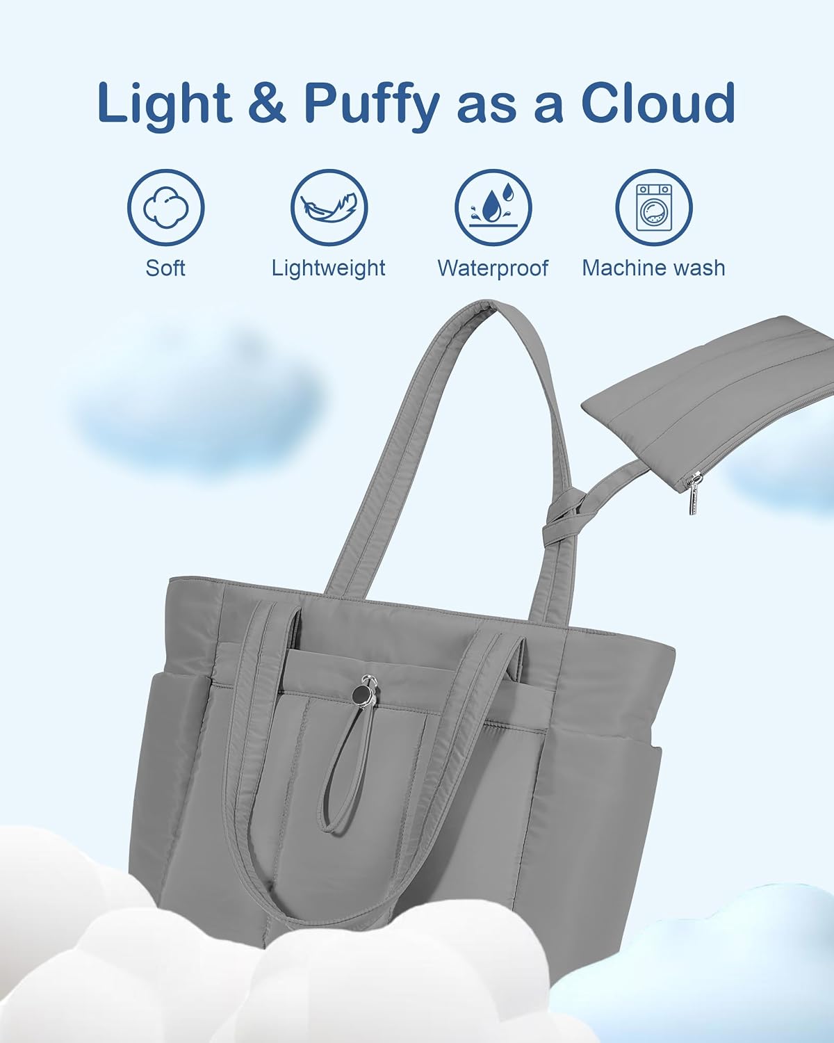 Puffy Tote Bag for Women with Cup Holder & Laptop Compartment & Cosmetic Bag & Trolley Sleeve for Work, Travel