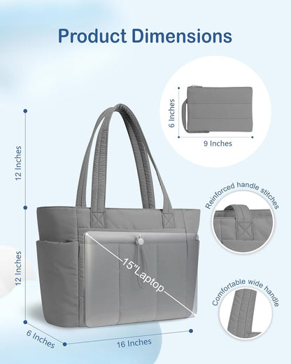 Puffy Tote Bag for Women with Cup Holder & Laptop Compartment & Cosmetic Bag & Trolley Sleeve for Work, Travel