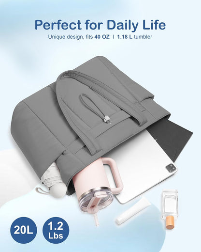 Puffy Tote Bag for Women with Cup Holder & Laptop Compartment & Cosmetic Bag & Trolley Sleeve for Work, Travel