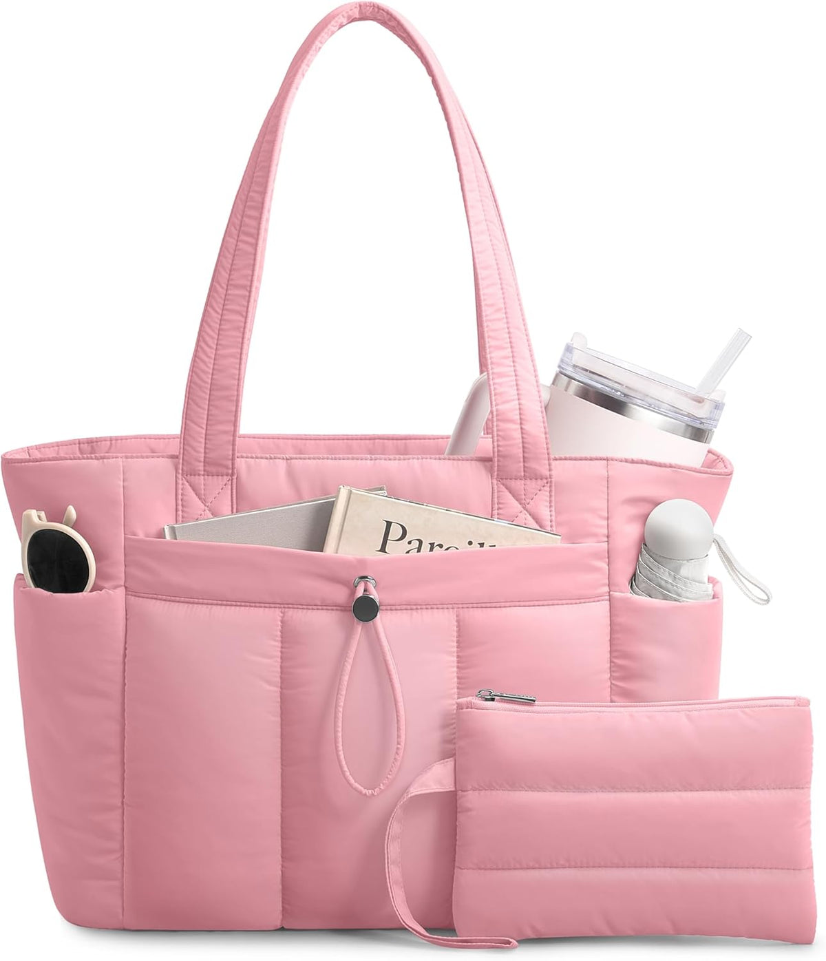 Puffy Tote Bag for Women with Cup Holder & Laptop Compartment & Cosmetic Bag & Trolley Sleeve for Work, Travel