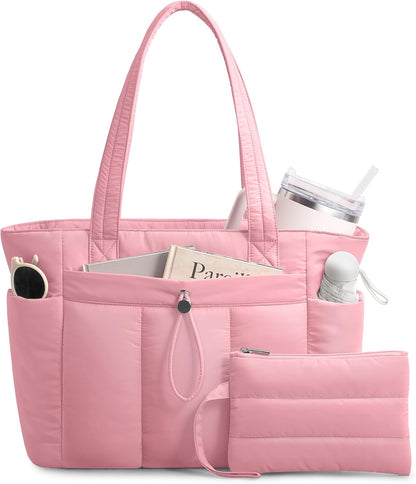 Puffy Tote Bag for Women with Cup Holder & Laptop Compartment & Cosmetic Bag & Trolley Sleeve for Work, Travel
