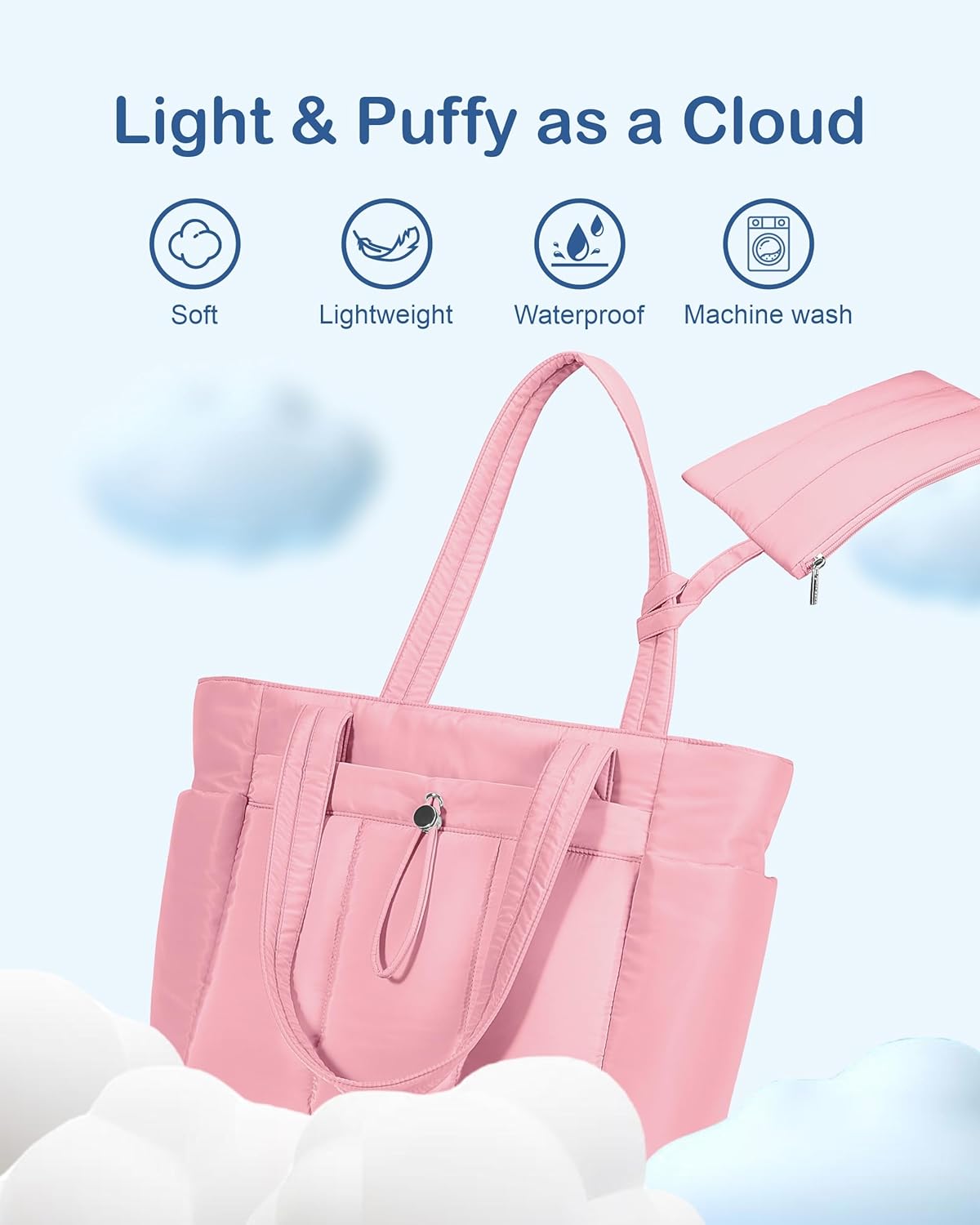 Puffy Tote Bag for Women with Cup Holder & Laptop Compartment & Cosmetic Bag & Trolley Sleeve for Work, Travel