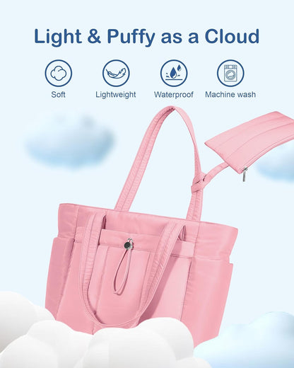Puffy Tote Bag for Women with Cup Holder & Laptop Compartment & Cosmetic Bag & Trolley Sleeve for Work, Travel