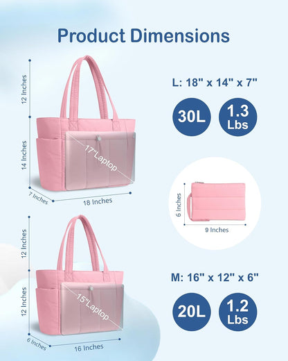 Puffy Tote Bag for Women with Cup Holder & Laptop Compartment & Cosmetic Bag & Trolley Sleeve for Work, Travel