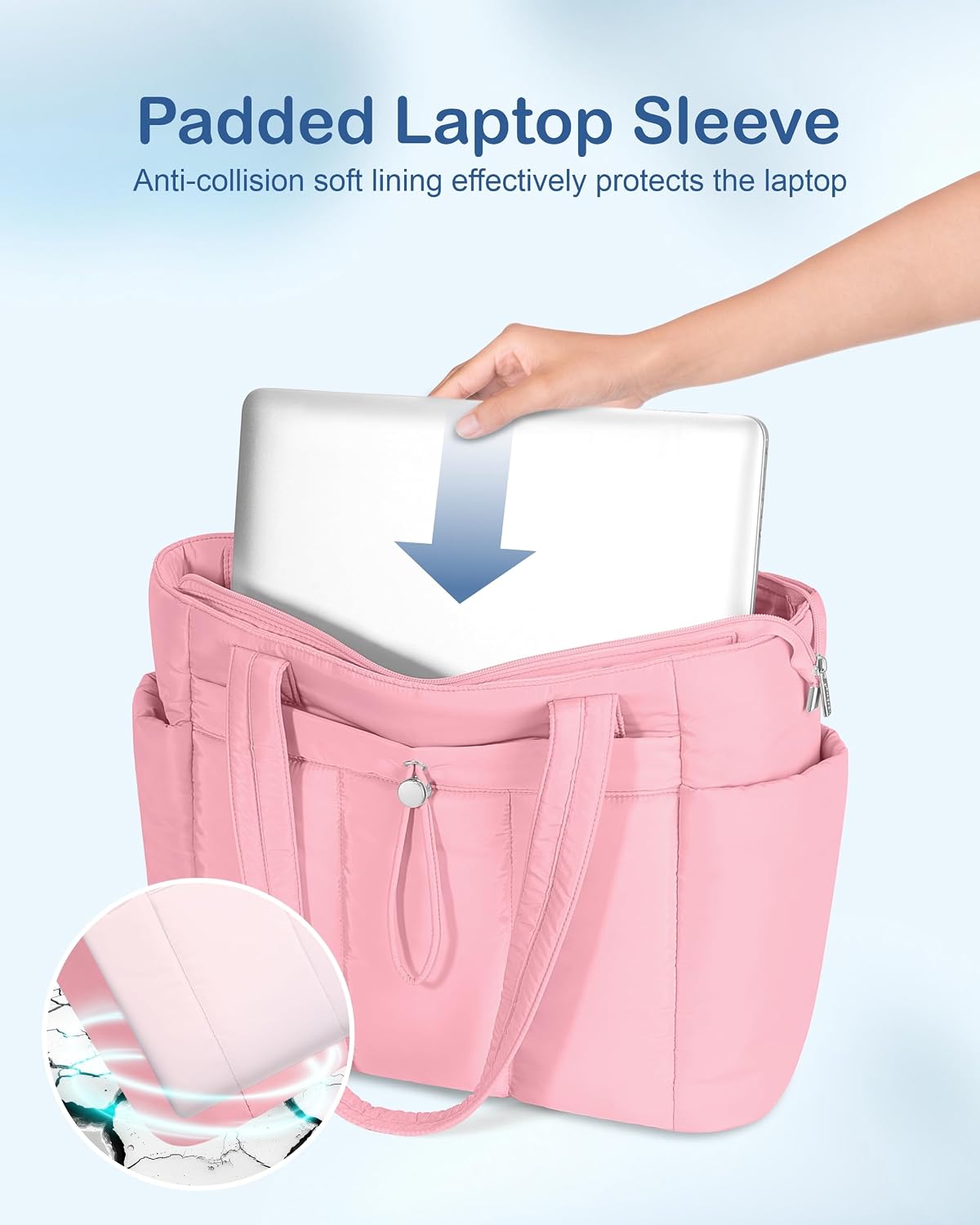 Puffy Tote Bag for Women with Cup Holder & Laptop Compartment & Cosmetic Bag & Trolley Sleeve for Work, Travel