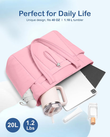 Puffy Tote Bag for Women with Cup Holder & Laptop Compartment & Cosmetic Bag & Trolley Sleeve for Work, Travel