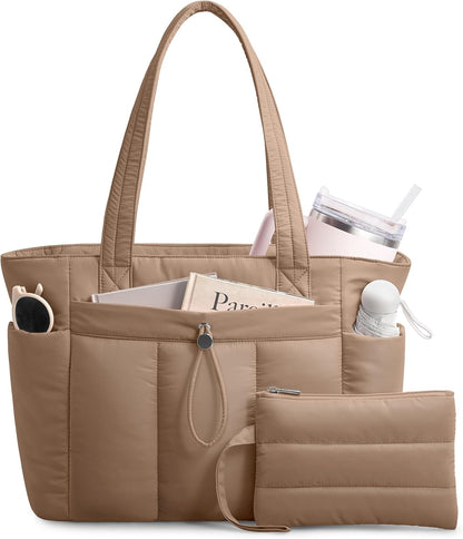 Puffy Tote Bag for Women with Cup Holder & Laptop Compartment & Cosmetic Bag & Trolley Sleeve for Work, Travel