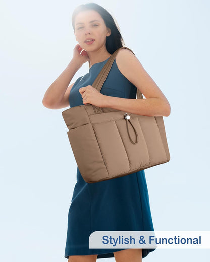 Puffy Tote Bag for Women with Cup Holder & Laptop Compartment & Cosmetic Bag & Trolley Sleeve for Work, Travel