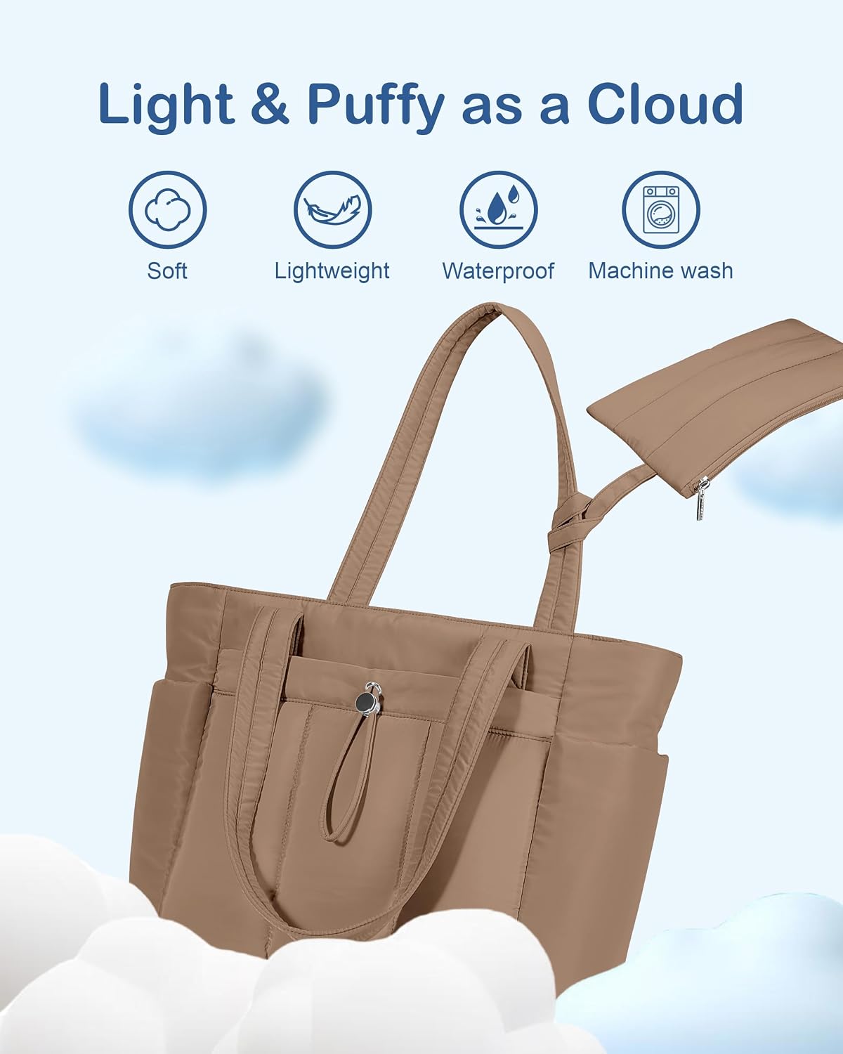 Puffy Tote Bag for Women with Cup Holder & Laptop Compartment & Cosmetic Bag & Trolley Sleeve for Work, Travel