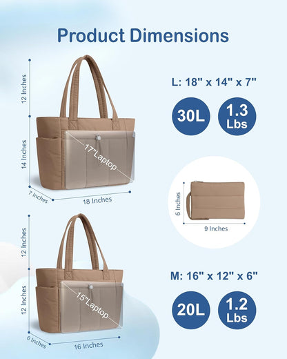 Puffy Tote Bag for Women with Cup Holder & Laptop Compartment & Cosmetic Bag & Trolley Sleeve for Work, Travel
