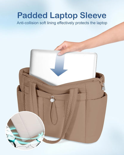 Puffy Tote Bag for Women with Cup Holder & Laptop Compartment & Cosmetic Bag & Trolley Sleeve for Work, Travel