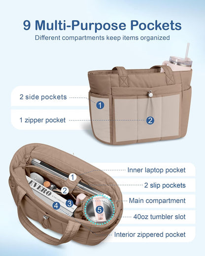 Puffy Tote Bag for Women with Cup Holder & Laptop Compartment & Cosmetic Bag & Trolley Sleeve for Work, Travel
