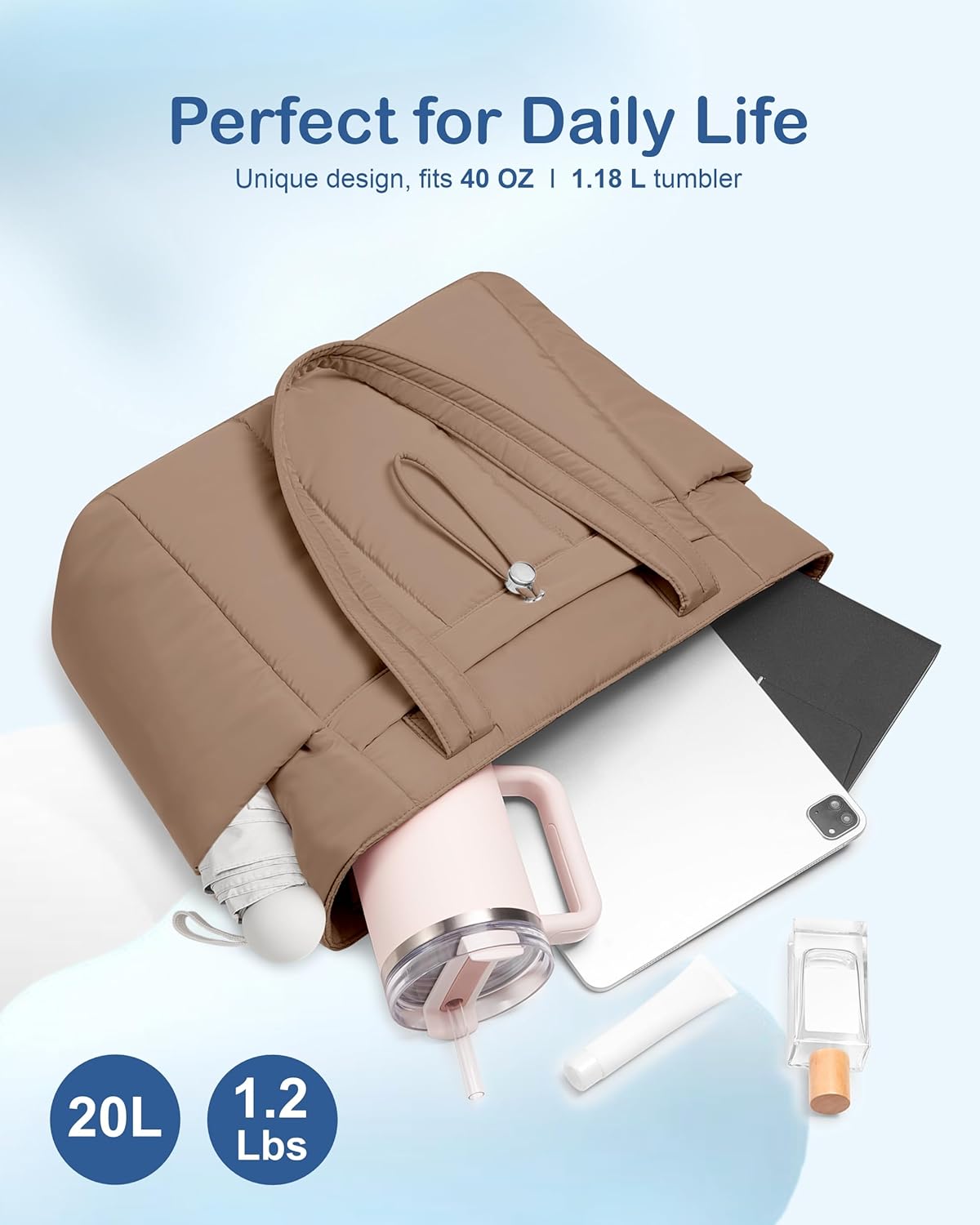 Puffy Tote Bag for Women with Cup Holder & Laptop Compartment & Cosmetic Bag & Trolley Sleeve for Work, Travel