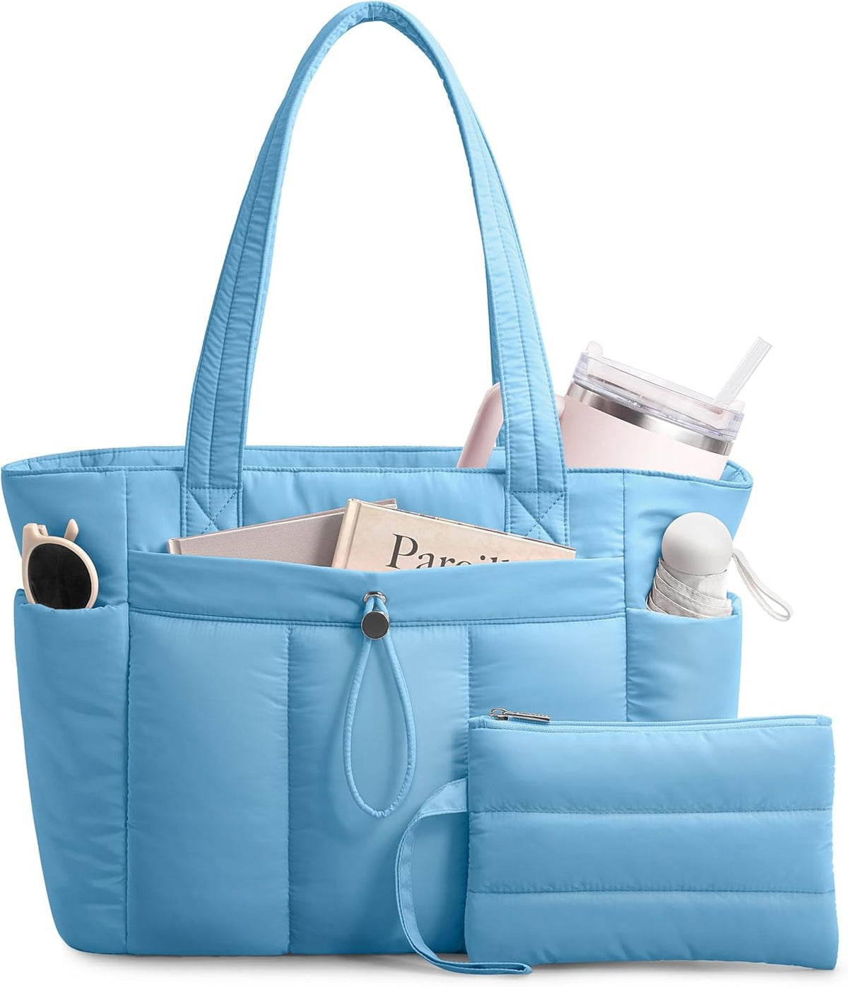 Puffy Tote Bag for Women with Cup Holder & Laptop Compartment & Cosmetic Bag & Trolley Sleeve for Work, Travel