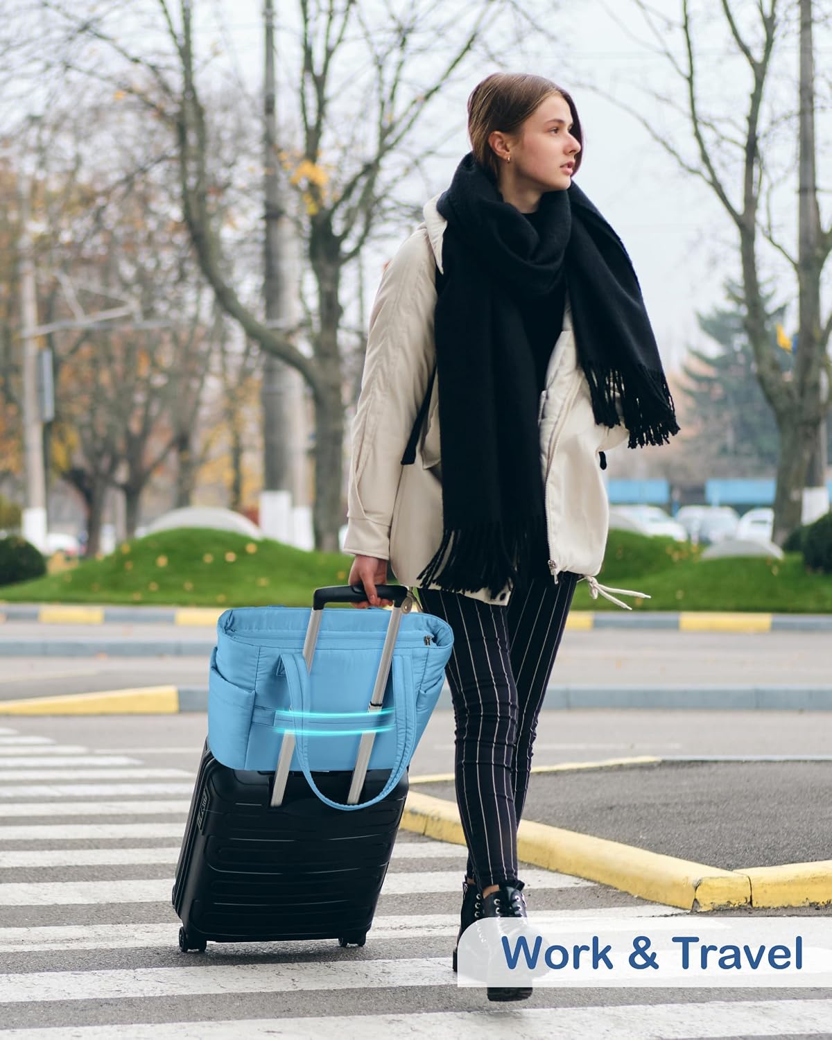 Puffy Tote Bag for Women with Cup Holder & Laptop Compartment & Cosmetic Bag & Trolley Sleeve for Work, Travel