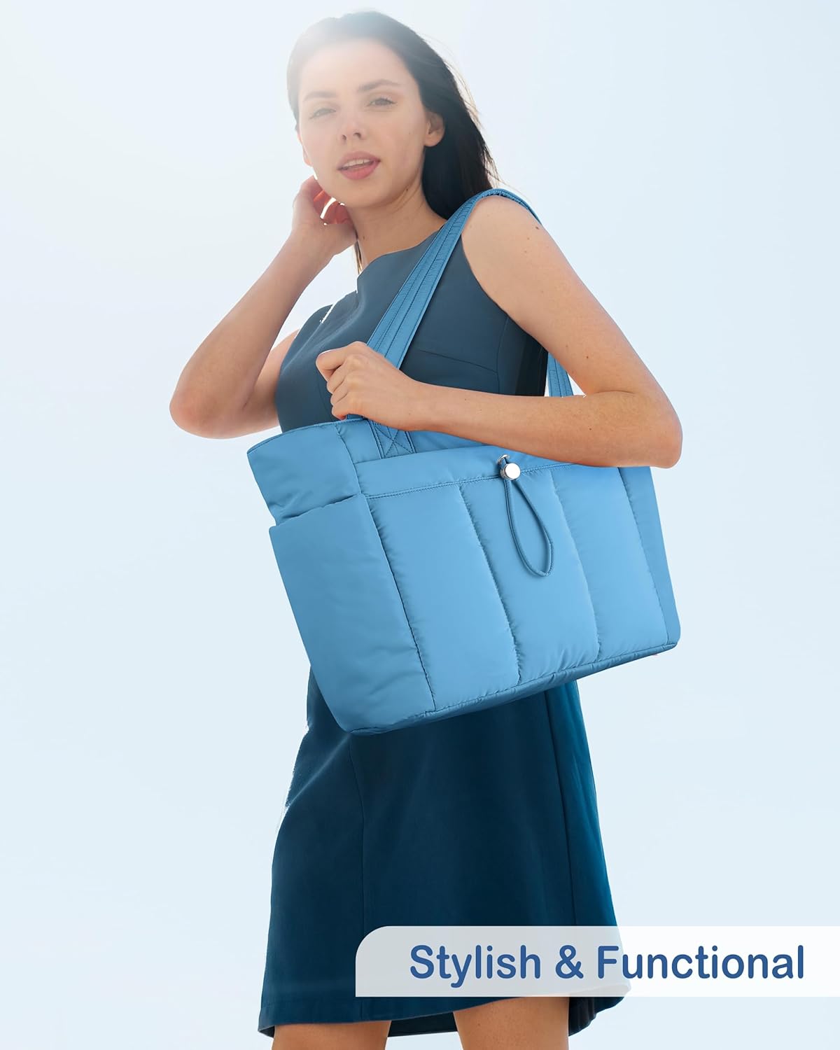 Puffy Tote Bag for Women with Cup Holder & Laptop Compartment & Cosmetic Bag & Trolley Sleeve for Work, Travel