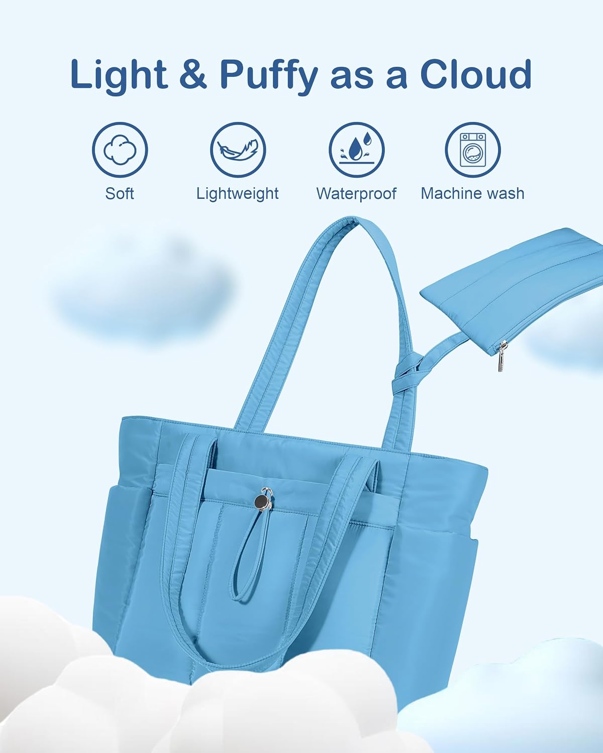 Puffy Tote Bag for Women with Cup Holder & Laptop Compartment & Cosmetic Bag & Trolley Sleeve for Work, Travel