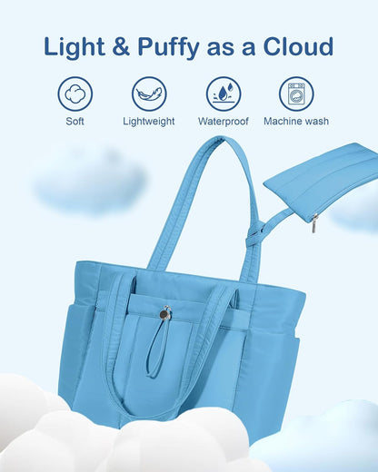 Puffy Tote Bag for Women with Cup Holder & Laptop Compartment & Cosmetic Bag & Trolley Sleeve for Work, Travel