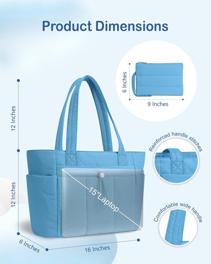 Puffy Tote Bag for Women with Cup Holder & Laptop Compartment & Cosmetic Bag & Trolley Sleeve for Work, Travel