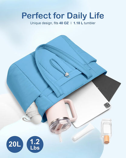 Puffy Tote Bag for Women with Cup Holder & Laptop Compartment & Cosmetic Bag & Trolley Sleeve for Work, Travel