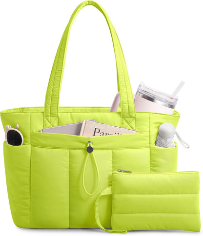 Puffy Tote Bag for Women with Cup Holder & Laptop Compartment & Cosmetic Bag & Trolley Sleeve for Work, Travel