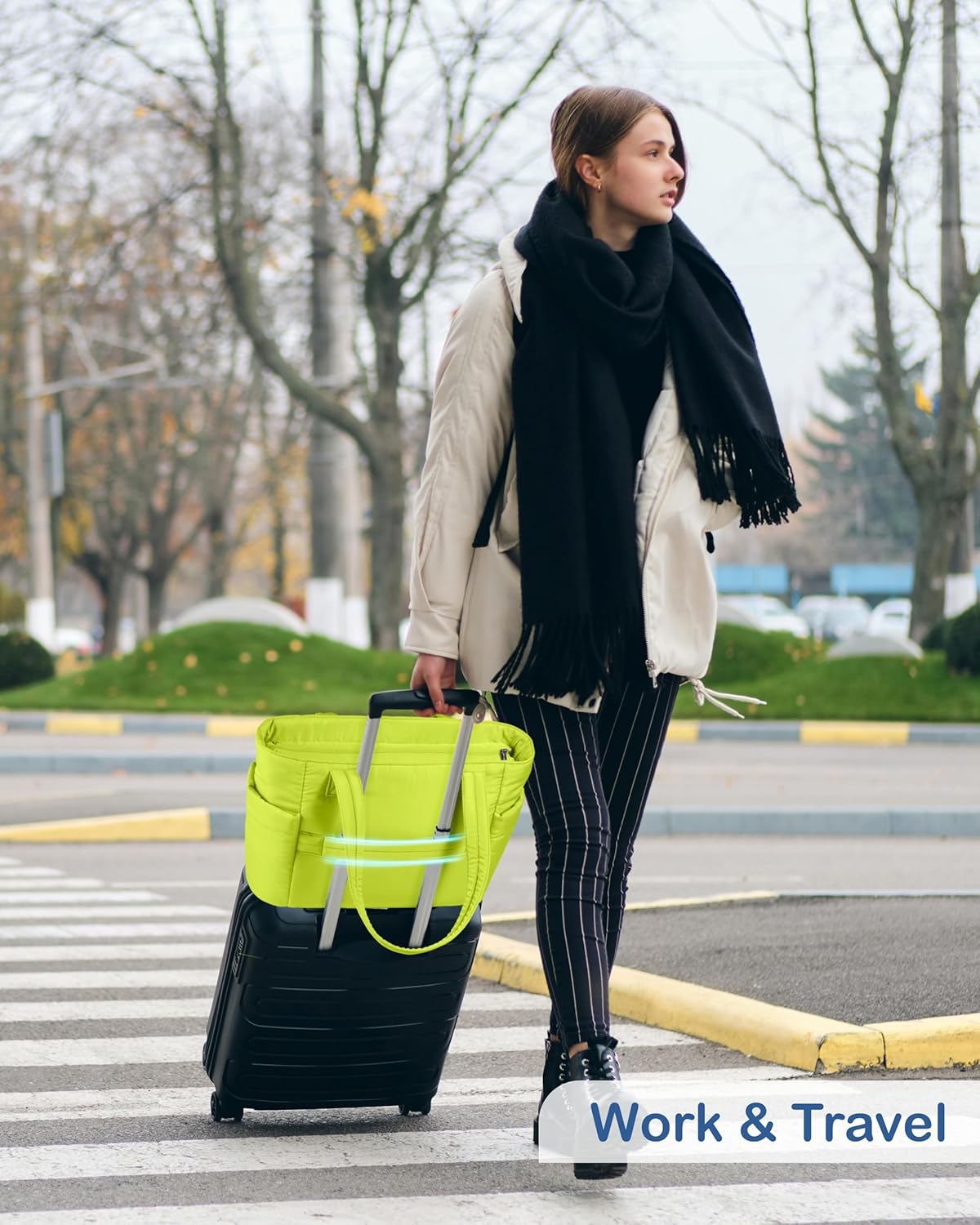 Puffy Tote Bag for Women with Cup Holder & Laptop Compartment & Cosmetic Bag & Trolley Sleeve for Work, Travel