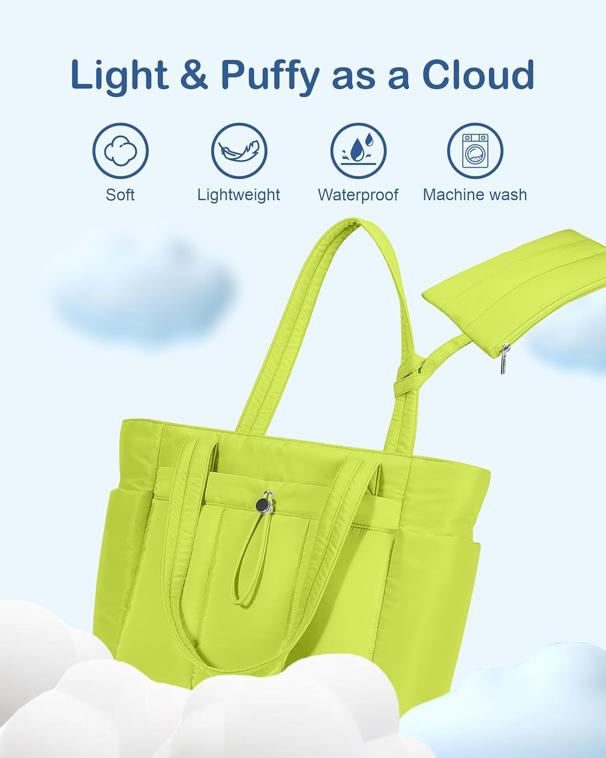 Puffy Tote Bag for Women with Cup Holder & Laptop Compartment & Cosmetic Bag & Trolley Sleeve for Work, Travel