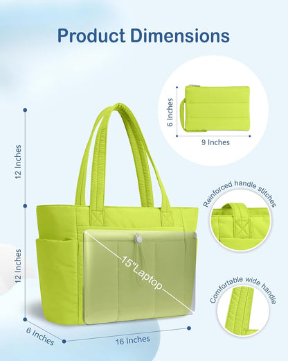 Puffy Tote Bag for Women with Cup Holder & Laptop Compartment & Cosmetic Bag & Trolley Sleeve for Work, Travel