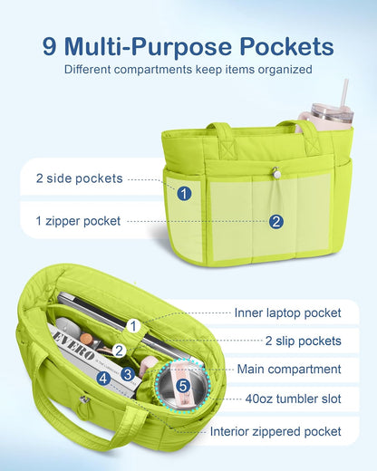 Puffy Tote Bag for Women with Cup Holder & Laptop Compartment & Cosmetic Bag & Trolley Sleeve for Work, Travel