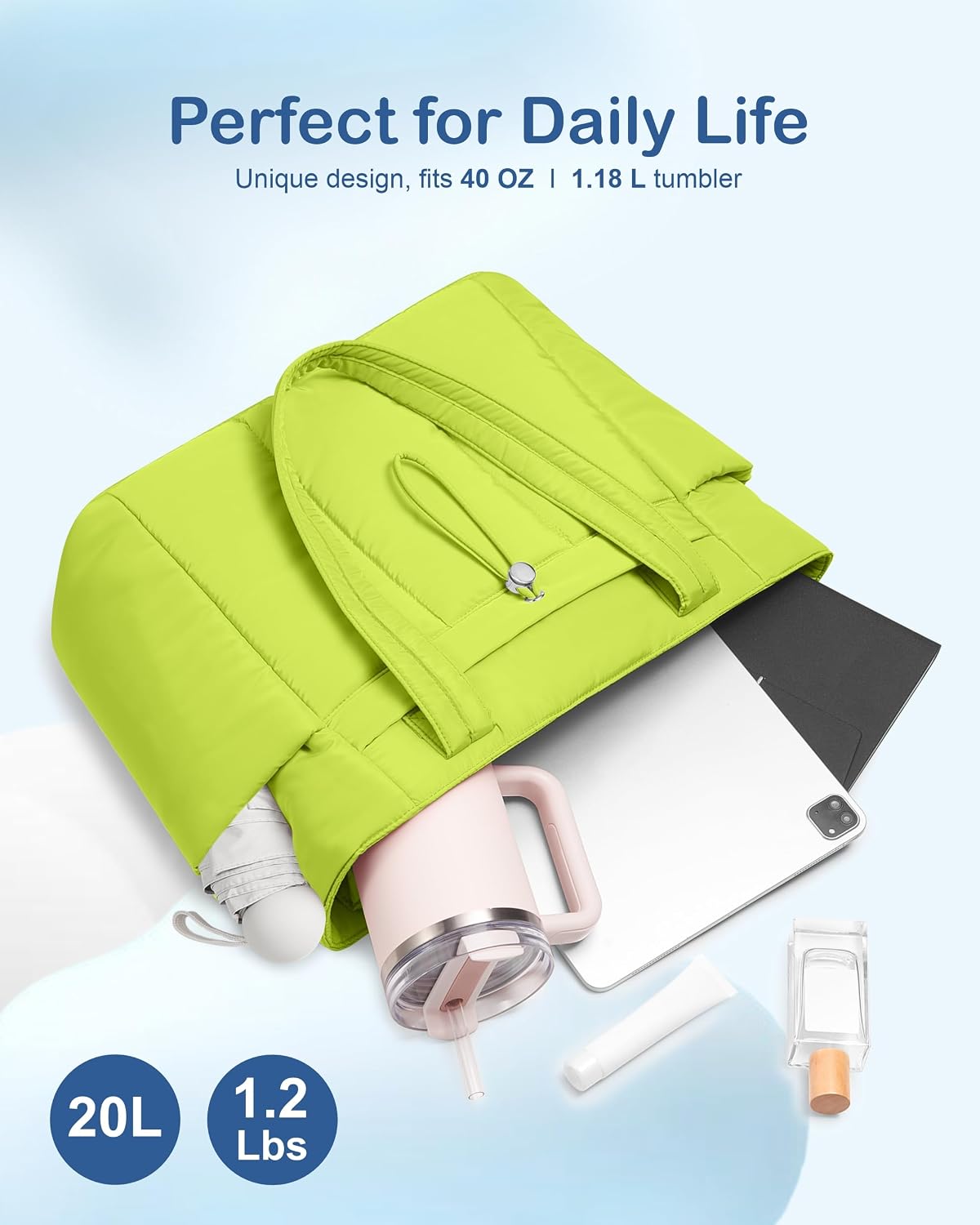 Puffy Tote Bag for Women with Cup Holder & Laptop Compartment & Cosmetic Bag & Trolley Sleeve for Work, Travel