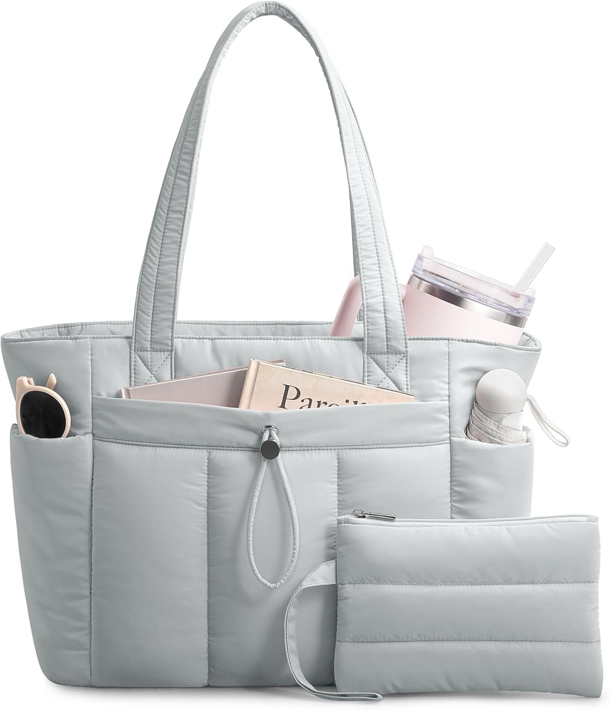 Puffy Tote Bag for Women with Cup Holder & Laptop Compartment & Cosmetic Bag & Trolley Sleeve for Work, Travel
