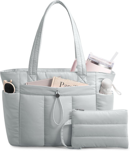 Puffy Tote Bag for Women with Cup Holder & Laptop Compartment & Cosmetic Bag & Trolley Sleeve for Work, Travel