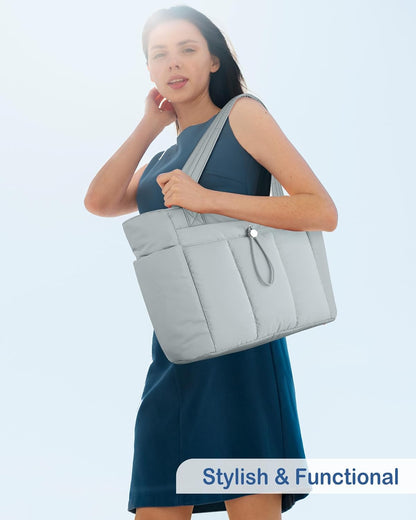Puffy Tote Bag for Women with Cup Holder & Laptop Compartment & Cosmetic Bag & Trolley Sleeve for Work, Travel