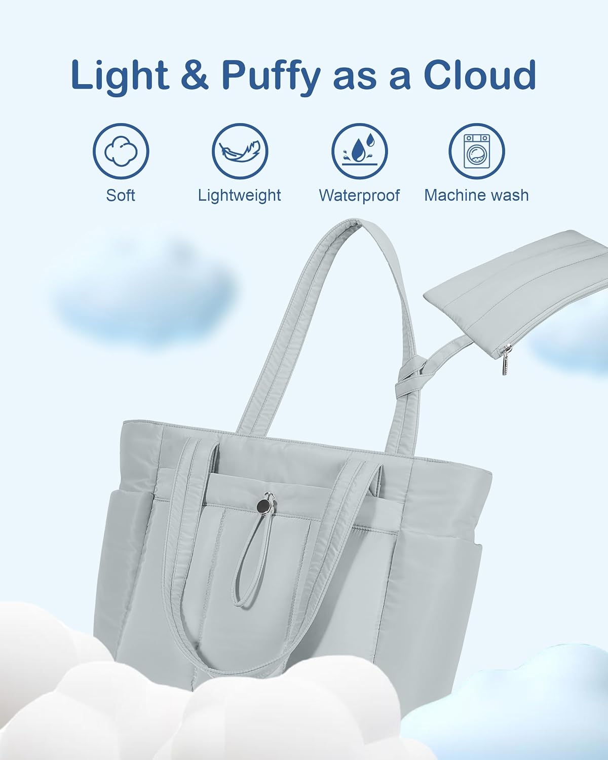Puffy Tote Bag for Women with Cup Holder & Laptop Compartment & Cosmetic Bag & Trolley Sleeve for Work, Travel