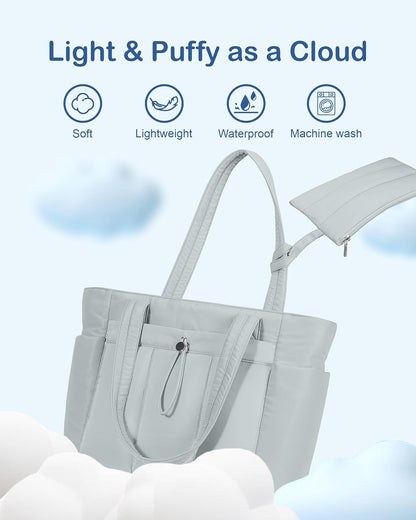 Puffy Tote Bag for Women with Cup Holder & Laptop Compartment & Cosmetic Bag & Trolley Sleeve for Work, Travel
