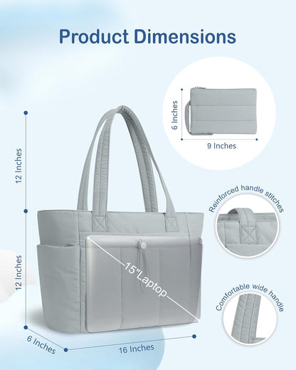 Puffy Tote Bag for Women with Cup Holder & Laptop Compartment & Cosmetic Bag & Trolley Sleeve for Work, Travel