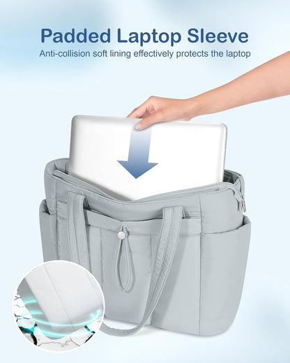 Puffy Tote Bag for Women with Cup Holder & Laptop Compartment & Cosmetic Bag & Trolley Sleeve for Work, Travel