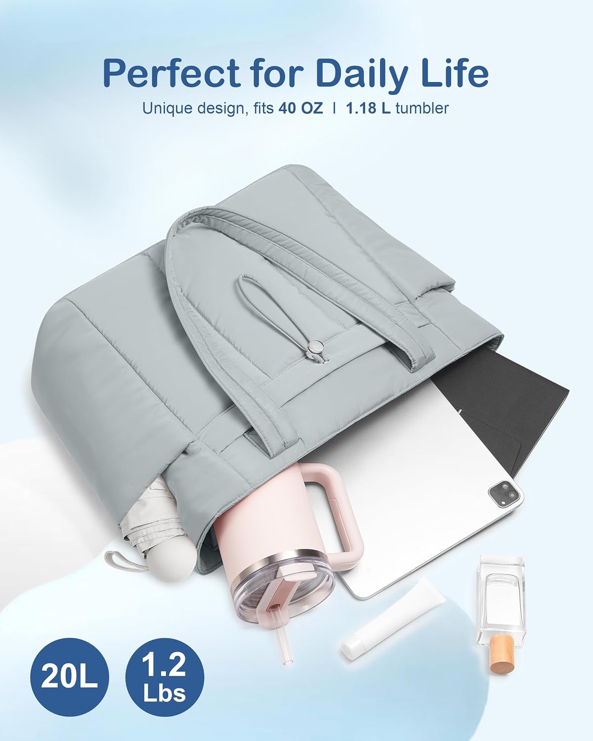 Puffy Tote Bag for Women with Cup Holder & Laptop Compartment & Cosmetic Bag & Trolley Sleeve for Work, Travel