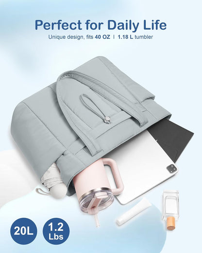 Puffy Tote Bag for Women with Cup Holder & Laptop Compartment & Cosmetic Bag & Trolley Sleeve for Work, Travel