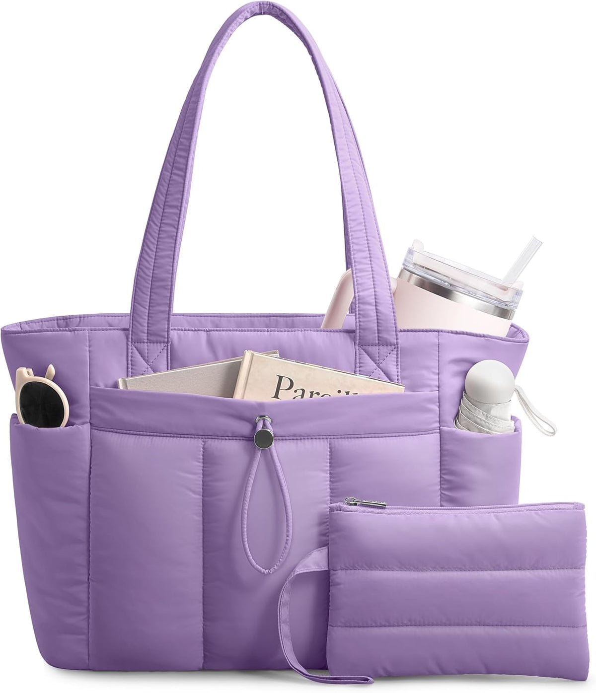 Puffy Tote Bag for Women with Cup Holder & Laptop Compartment & Cosmetic Bag & Trolley Sleeve for Work, Travel