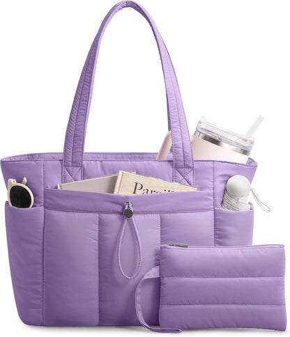 Puffy Tote Bag for Women with Cup Holder & Laptop Compartment & Cosmetic Bag & Trolley Sleeve for Work, Travel