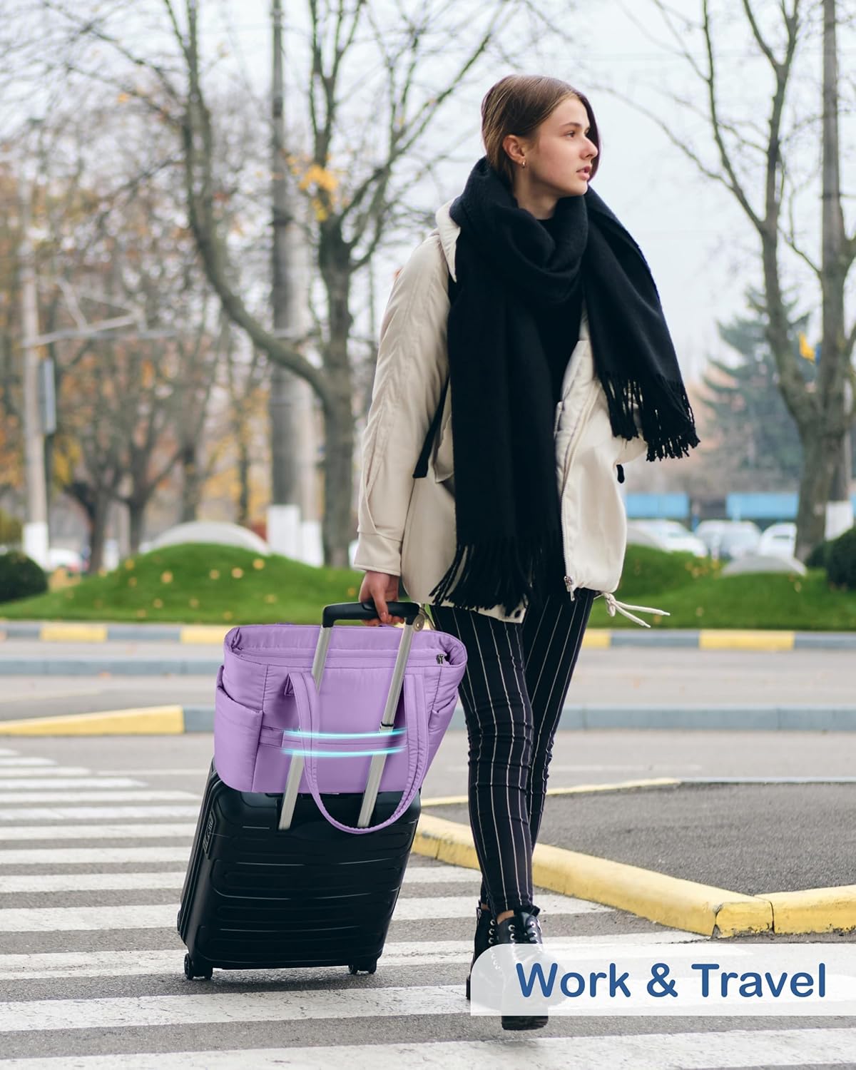 Puffy Tote Bag for Women with Cup Holder & Laptop Compartment & Cosmetic Bag & Trolley Sleeve for Work, Travel