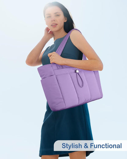 Puffy Tote Bag for Women with Cup Holder & Laptop Compartment & Cosmetic Bag & Trolley Sleeve for Work, Travel