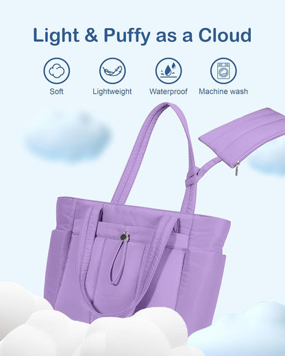 Puffy Tote Bag for Women with Cup Holder & Laptop Compartment & Cosmetic Bag & Trolley Sleeve for Work, Travel