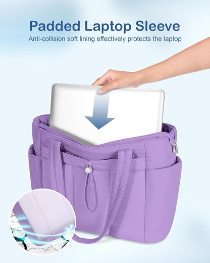 Puffy Tote Bag for Women with Cup Holder & Laptop Compartment & Cosmetic Bag & Trolley Sleeve for Work, Travel