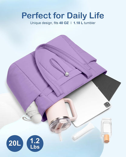 Puffy Tote Bag for Women with Cup Holder & Laptop Compartment & Cosmetic Bag & Trolley Sleeve for Work, Travel