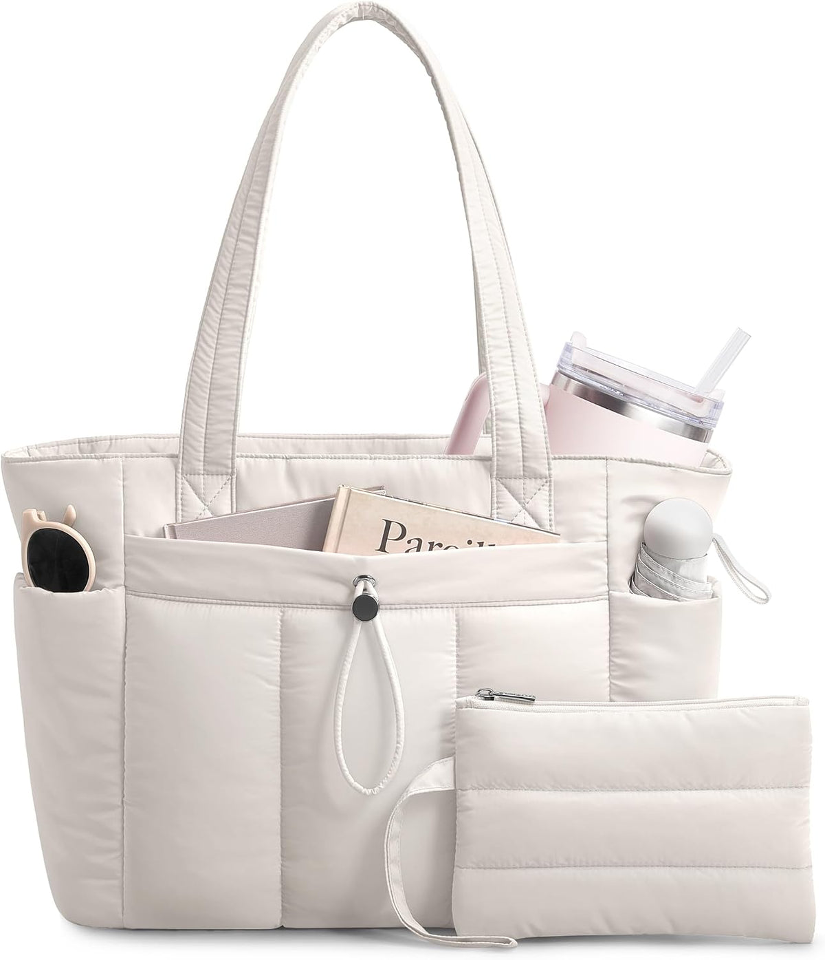 Puffy Tote Bag for Women with Cup Holder & Laptop Compartment & Cosmetic Bag & Trolley Sleeve for Work, Travel