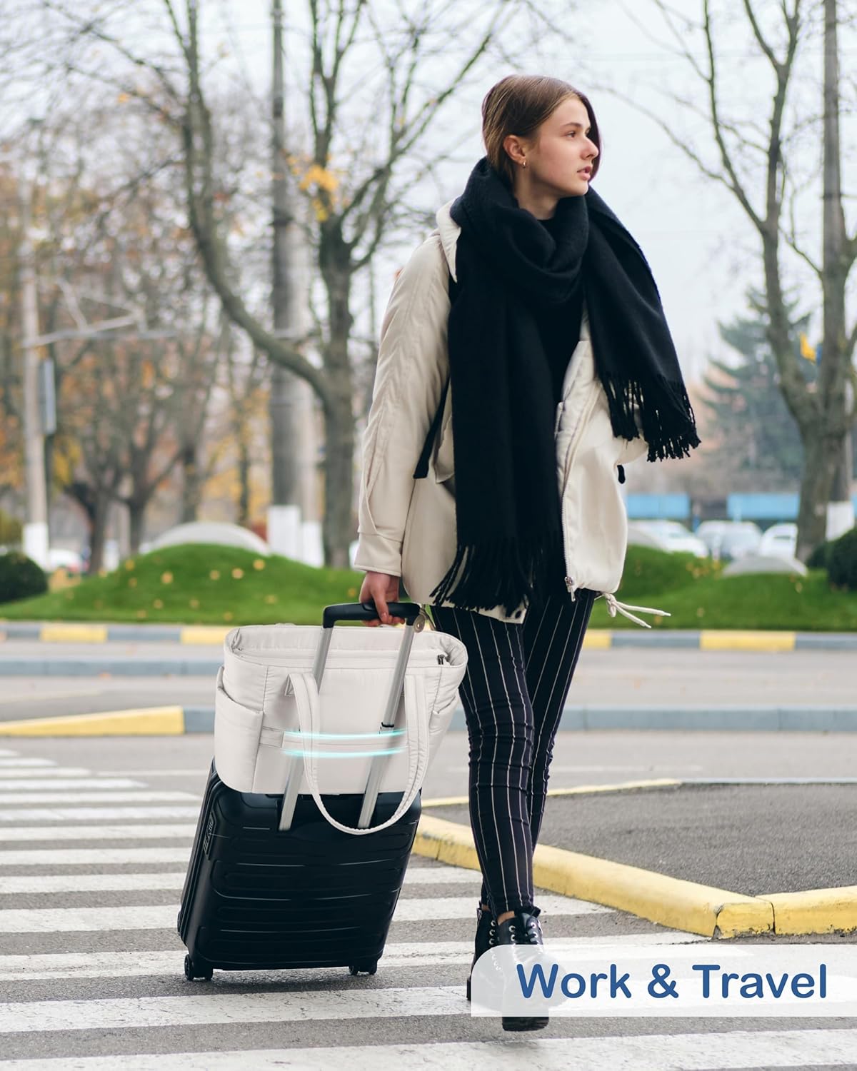 Puffy Tote Bag for Women with Cup Holder & Laptop Compartment & Cosmetic Bag & Trolley Sleeve for Work, Travel